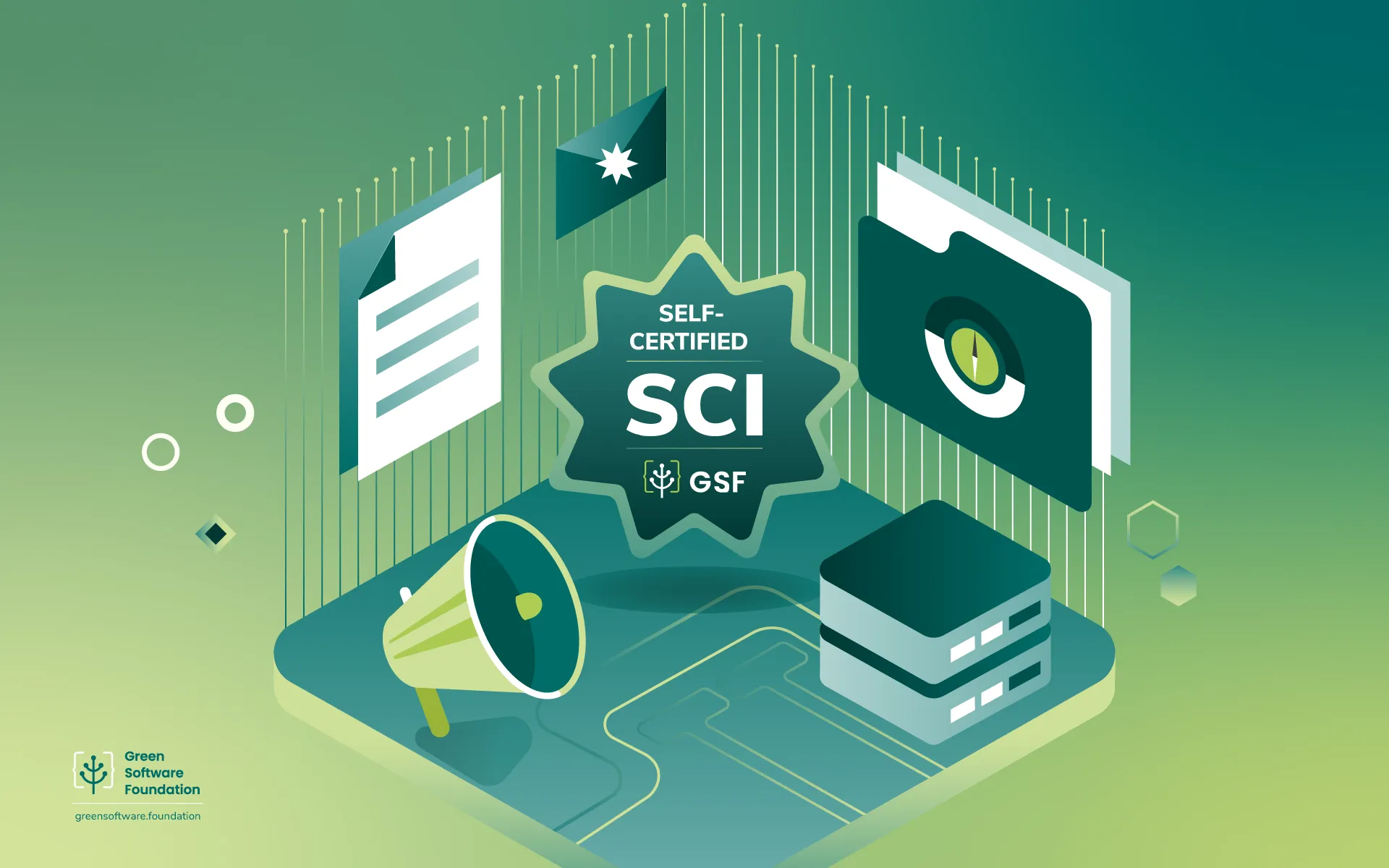 Isometric illustration showing the SCI Self-Certification badge from the Green Software Foundation, surrounded by a document, a server, a megaphone, and a transparency icon, set against a green gradient background.